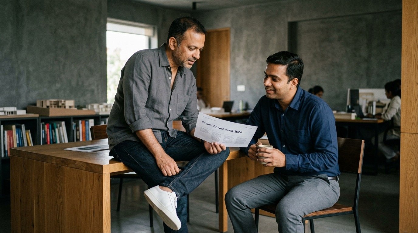 Growingo founder and growth strategists reviewing hospital growth audit with promoter