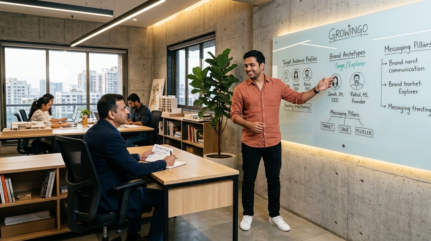 Healthcare marketing strategist presenting Value Proposition Canvas and Archetypes on glass board